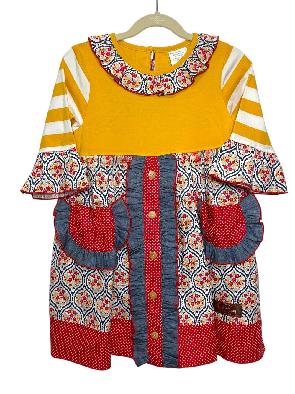 Millie Jay Henny Penny Dress Yellow Striped Floral Poka Dot Patchwork Pockets 4